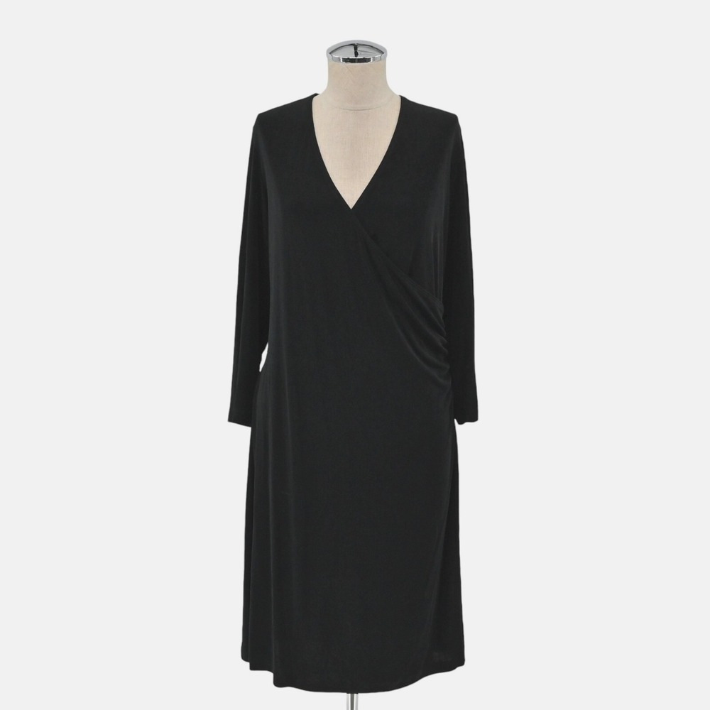 Chicos Travelers Faux Wrap Dress Womens Size L Black Ruched V-Neck Midi Stretch